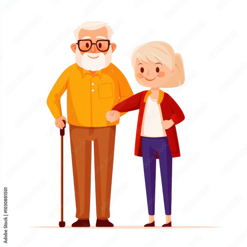 A cheerful elderly couple standing together, showcasing warmth and companionship in a colorful cartoon style. A cheerful elderly couple standing together, showcasing warmth and companionship in a colorful cartoon style.