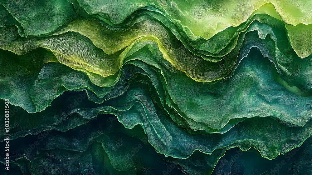 Abstract layers of green and blue fabric creating a textured effect.