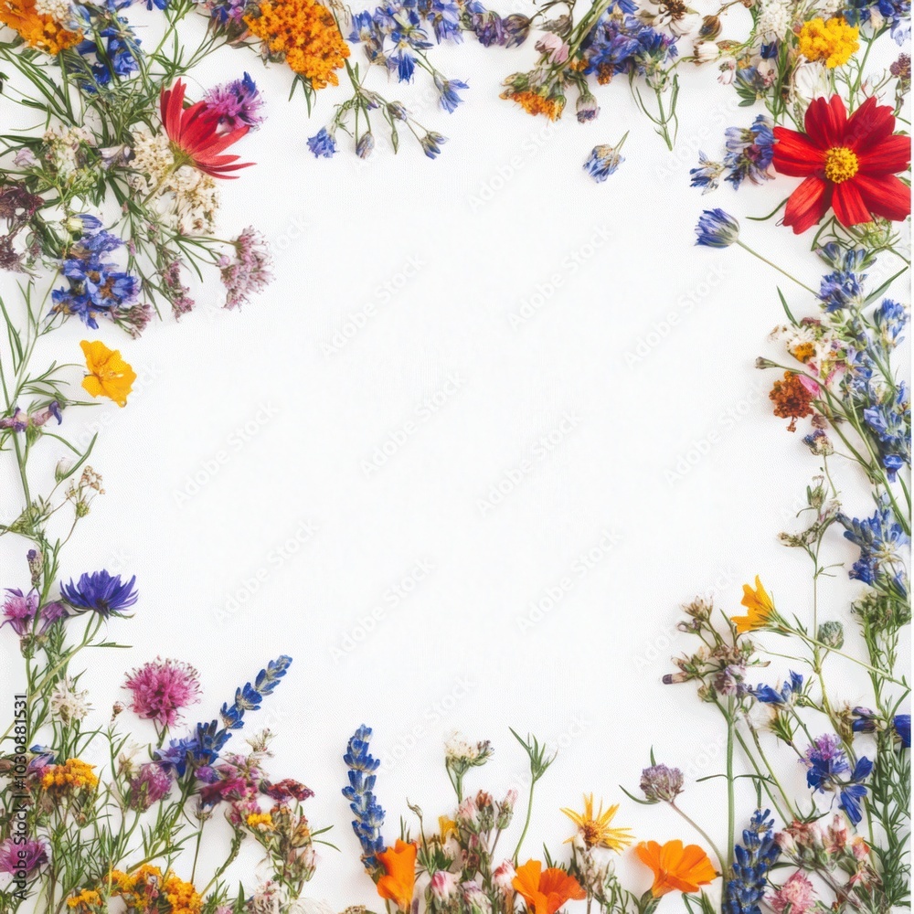 Obraz premium Floral background with wild flowers and copy space on white background.