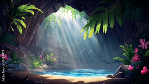 Cave Walls Covered with Beautiful Tropical Vegetation Filled with Seawater and Bright Sunlight Shining from Rift Above Cartoon Background Illustration Featuring Scene Enchanting