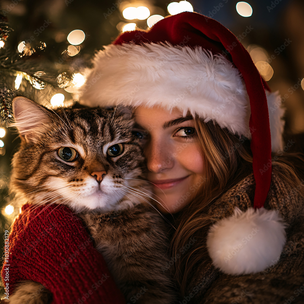 A heartwarming Christmas scene of a young girl wearing a Santa hat, gently holding her cat in front of glowing holiday lights. The cozy and festive atmosphere perfectly captures the essence Christmas