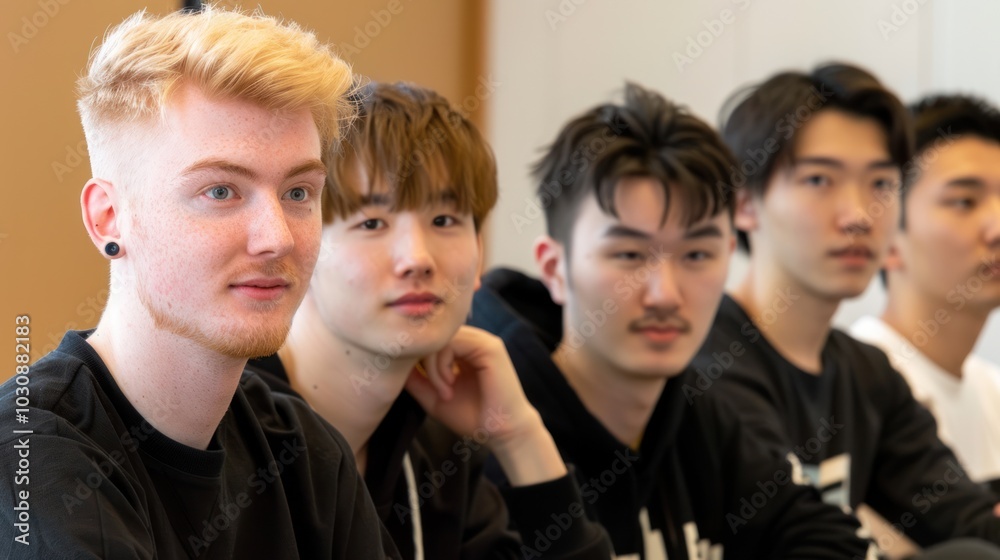 Four Young Men Sitting and Looking at the Camera Four Young Men Sitting and Looking at the Camera
