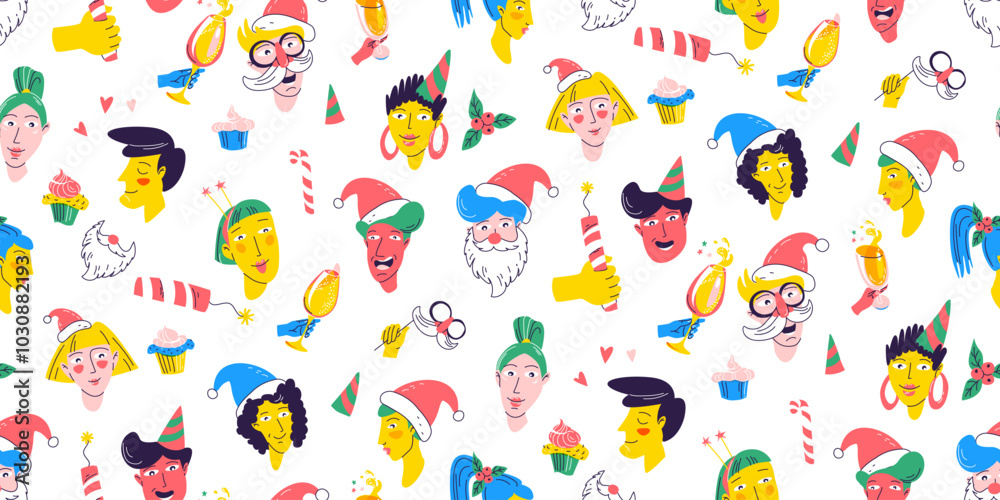 Christmas Party Time unique Characters. Seamless pattern background. Diverse collection of festive faces. Christmas Party Time unique Characters. Seamless pattern background. Diverse collection of festive faces.