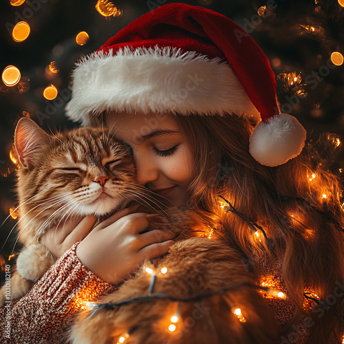 A heartwarming Christmas scene of a young girl wearing a Santa hat, gently holding her cat in front of glowing holiday lights. The cozy and festive atmosphere perfectly captures the essence Christmas photo