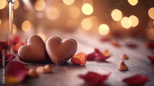 Two heart-shaped chocolate candies on a wooden surface, surrounded by red rose petals and warm bokeh lights, creating a romantic and sweet atmosphere perfect for Valentine's Day