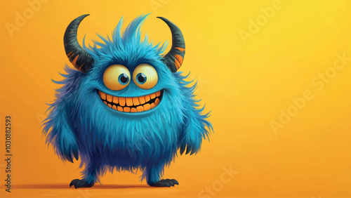 Cheerful Monster with Lush Blue Fur Standing on Yellow Background Cartoon Illustration Featuring Playful Design Vibrant Colors and Joyful Expression