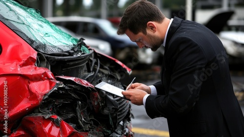 A man in a suit documenting automobile damage after a collision, showcasing the importance of insurance evaluations.