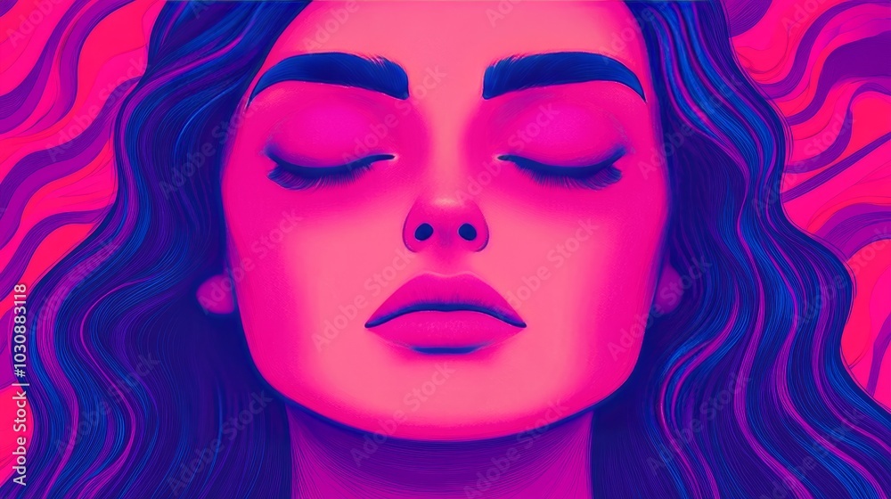 Closeup portrait of a woman with closed eyes in a vibrant pink and blue color scheme. Closeup portrait of a woman with closed eyes in a vibrant pink and blue color scheme.