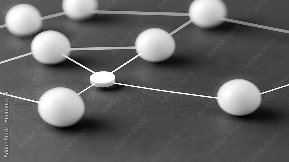 Fototapeta premium White spheres connected by thin threads on a dark background.