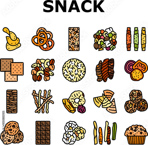 snack food drink sweet icons set vector. meal bread, lunch meat, chips, nut, cracker, rice cake, fruit slice, popcorn snack food drink sweet color line illustrations