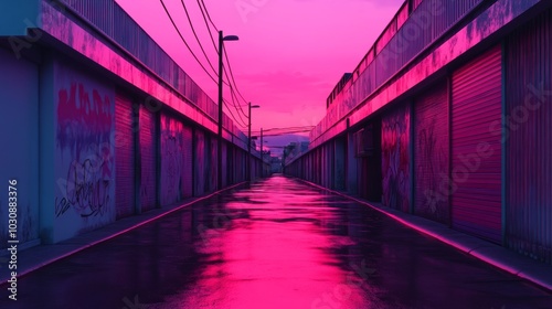 A narrow alleyway with graffiti covered walls, lit by a pink sunset.