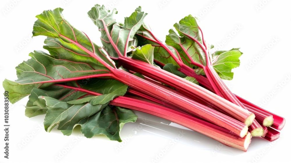 Fresh Rhubarb Stalks with Green Leaves - Close Up Fresh Rhubarb Stalks with Green Leaves - Close Up