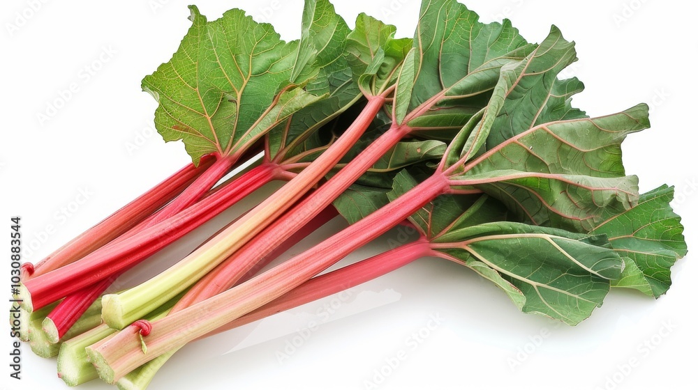 Fresh Rhubarb Stalks with Green Leaves Fresh Rhubarb Stalks with Green Leaves