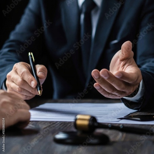 A professional lawyer discusses legal matters with a client at a desk, showcasing trust and communication in law.