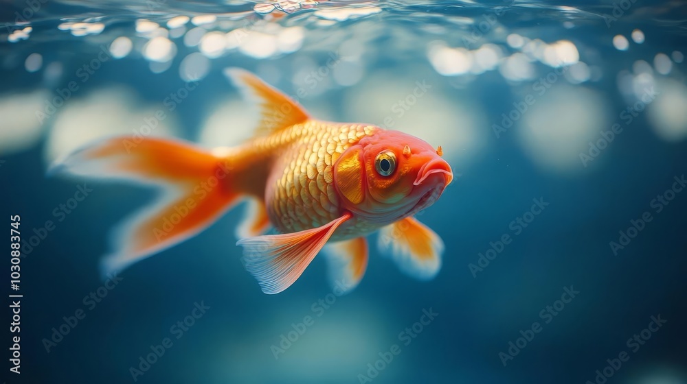 Single koi fish in vivid red and gold, rippling water, dynamic underwater movement, minimalist background, koi fish elegance Single koi fish in vivid red and gold, rippling water, dynamic underwater movement, minimalist background, koi fish elegance