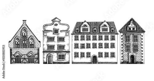 European city architecture sketch. Old building drawings. Vintage houses set. Hand-drawn vector illustration. Architectural card design.  NOT AI generated