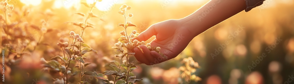 A hand gently touching a flower in a sunlit field, capturing the essence of nature and tranquility in a warm, golden atmosphere. A hand gently touching a flower in a sunlit field, capturing the essence of nature and tranquility in a warm, golden atmosphere.