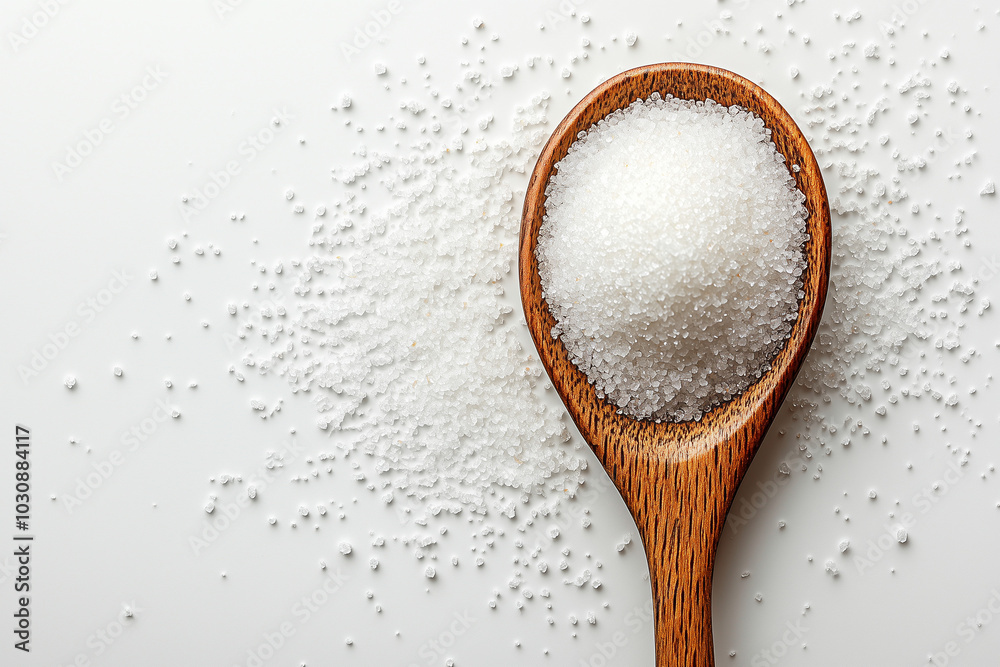 Organic Sugar Crystals in Wooden Spoon on White Background Organic Sugar Crystals in Wooden Spoon on White Background