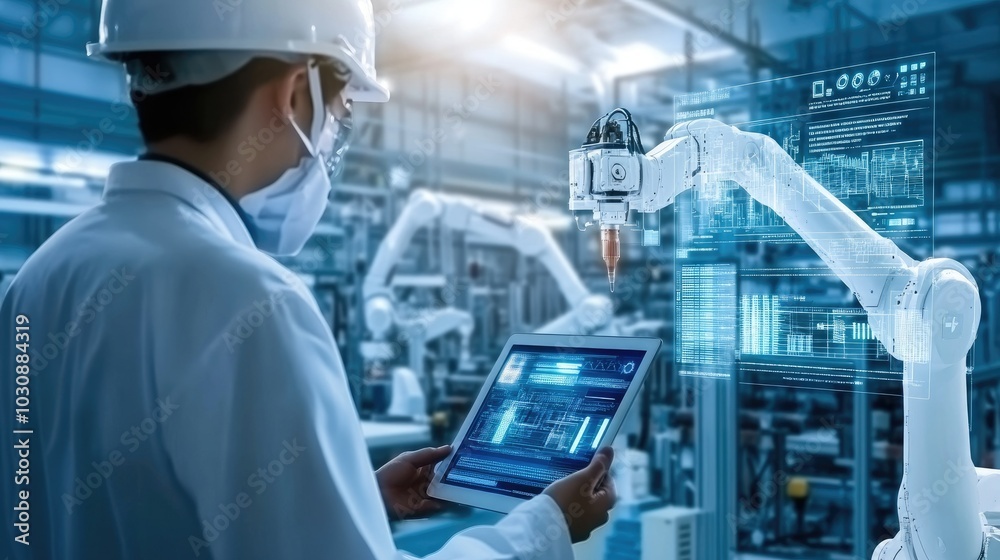 Industry engineer in factory using smart tablet glass device control automated robot arm machine learning operation Industry engineer in factory using smart tablet glass device control automated robot arm machine learning operation