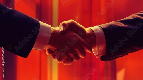 Business partnership meeting. Picture businessmans handshake. Successful businessmen handshaking after good deal. Horizontal, blurred background photo