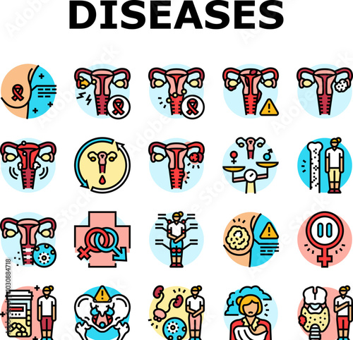 woman health medical care icons set vector. breast cancer, endometriosis, menstrual, osteoporosis, hormonal imbalance, menopause woman health medical care color line illustrations