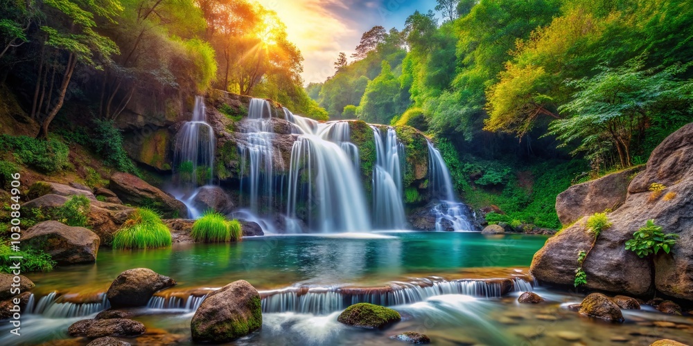 Obraz premium Serene Waterfall Landscape Painting in Rocky Terrain - Nature's Beauty Captured