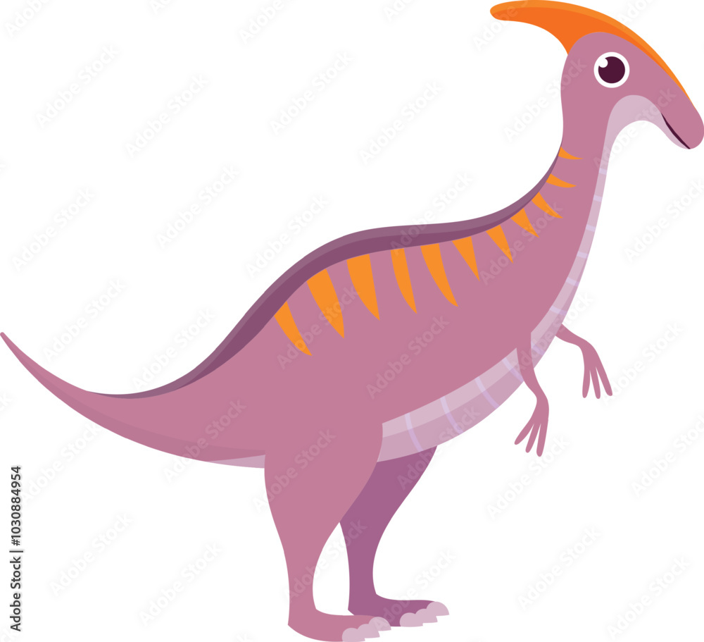 Happy cartoon parasaurolophus dinosaur in orange and purple hues stands cheerfully, perfect for science or wildlife designs Happy cartoon parasaurolophus dinosaur in orange and purple hues stands cheerfully, perfect for science or wildlife designs