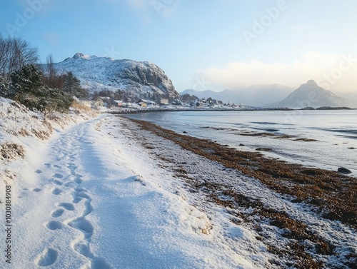 Footprints in Snow on Beach