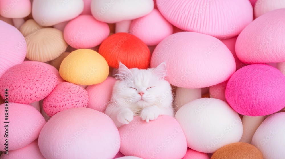 A white cat sleeps peacefully surrounded by a variety of colorful mushroom-shaped objects. A white cat sleeps peacefully surrounded by a variety of colorful mushroom-shaped objects.
