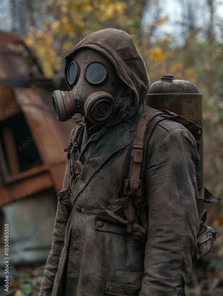Man with gas mask and backpack Man with gas mask and backpack