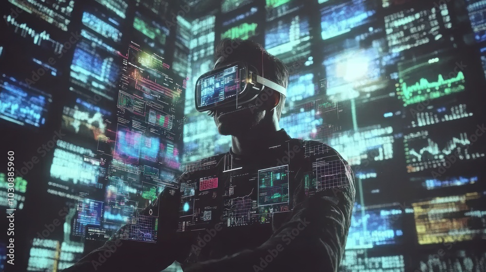 custom made wallpaper toronto digitalA Person Wearing VR Headset Immersed in a Digital World