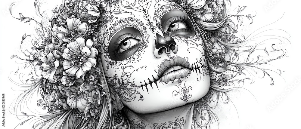 Fototapeta premium An intricately designed skull face surrounded by floral elements, showcasing the beauty of life and death in a striking monochrome portrait.