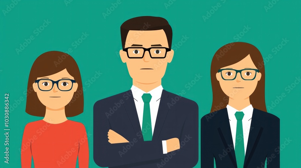 Three professionals in glasses and suits, standing confidently against a solid green background. Ideal for corporate representation. Three professionals in glasses and suits, standing confidently against a solid green background. Ideal for corporate representation.