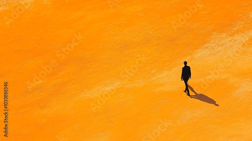 A solitary figure walking across a vibrant orange landscape, casting a long shadow and evoking feelings of isolation and contemplation.
