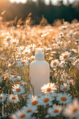 A serene scene of a white bottle amidst blooming daisies in a sunlit field, conveying freshness and natural beauty. photo