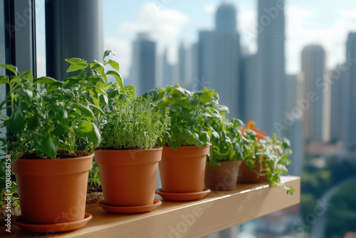 Thriving urban rooftop garden with fresh herbs photo