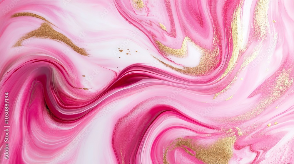 Mesmerizing pink and white fluid art with gold dust swirls, creating an elegant and vibrant backdrop for designs