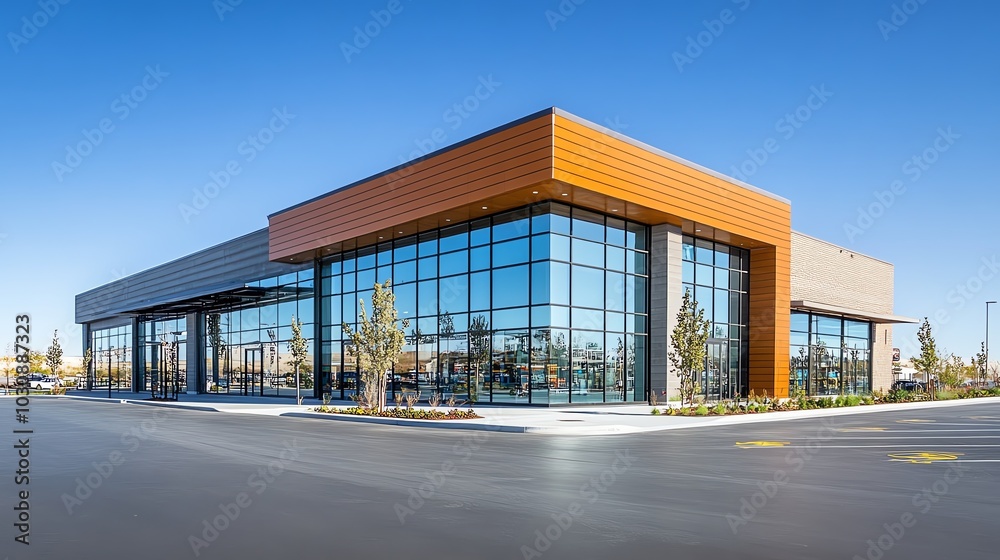 Modern commercial building with large glass walls and an orange accent. Ideal for business and architecture themes. Modern commercial building with large glass walls and an orange accent. Ideal for business and architecture themes.