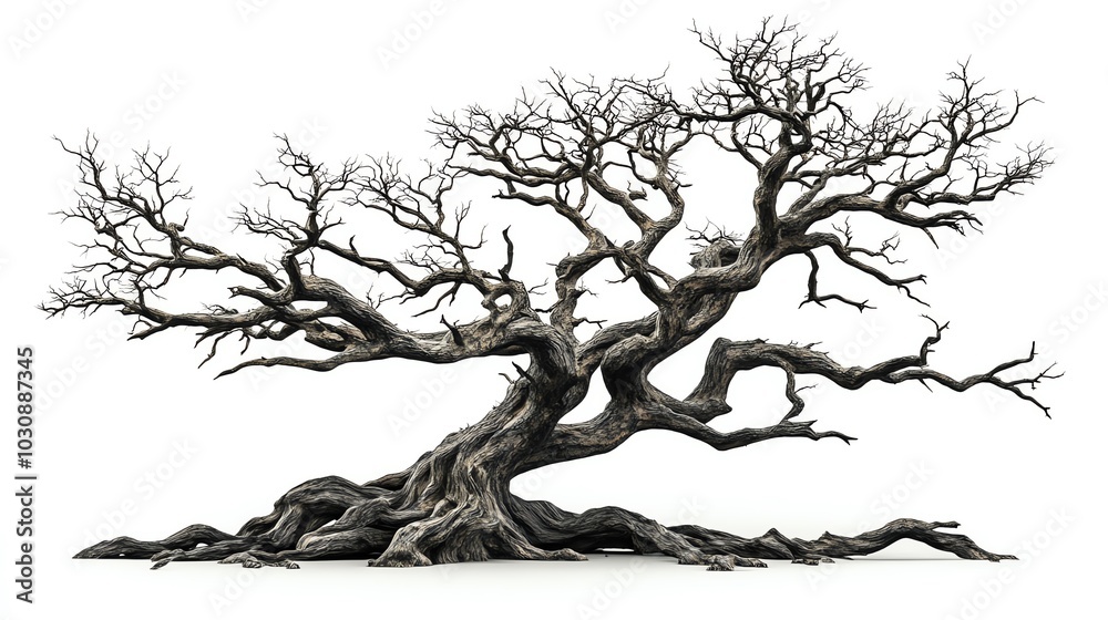 Fototapeta premium Bare, twisted tree with sprawling branches, isolated on white, evoking eerie desolation and ancient mystery spooky tree, haunted, ancient