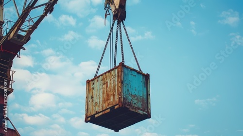 Giant crane hoisting substantial cargo, towering structure against a clear sky, showcasing industrial strength and engineering precision. photo