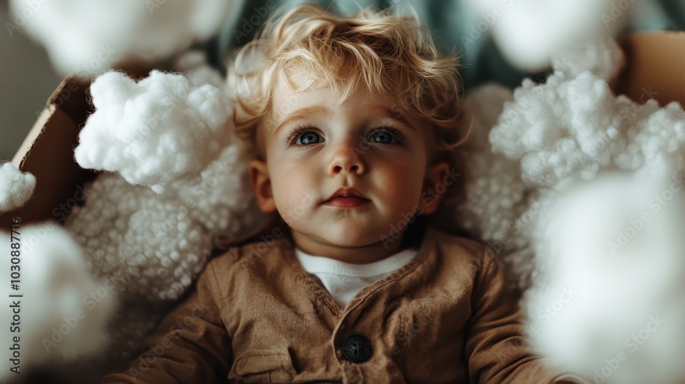 A young toddler with striking blue eyes sits in a cardboard box, surrounded by cotton clouds, creating a whimsical and dreamy scene inside a room. A young toddler with striking blue eyes sits in a cardboard box, surrounded by cotton clouds, creating a whimsical and dreamy scene inside a room.