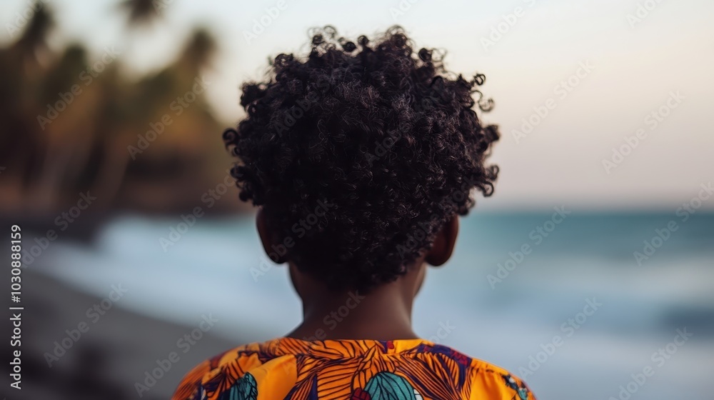 Curly-haired child in a bright patterned shirt stands on the shore observing the ocean during twilight, capturing a sense of curiosity and exploration. Curly-haired child in a bright patterned shirt stands on the shore observing the ocean during twilight, capturing a sense of curiosity and exploration.