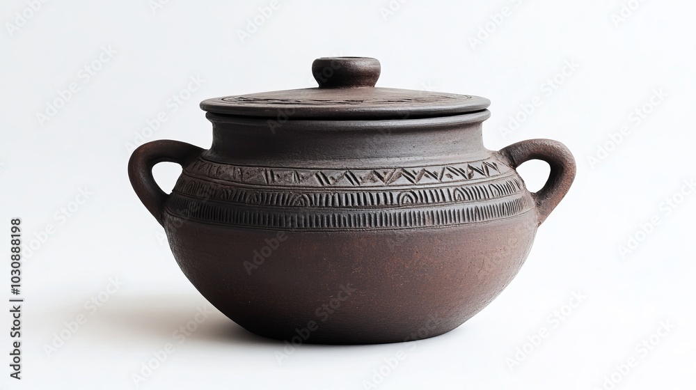 Rustic brown clay pot on a white background, perfect for oven cooking and adding charm to your kitchen. Handcrafted and symbolizing culinary tradition, it awaits delicious dishes Rustic brown clay pot on a white background, perfect for oven cooking and adding charm to your kitchen. Handcrafted and symbolizing culinary tradition, it awaits delicious dishes