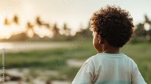 A young child with curly hair stands looking at a vibrant sunset over a tropical beach, with palm trees in the distance, capturing a moment of peace and wonder.