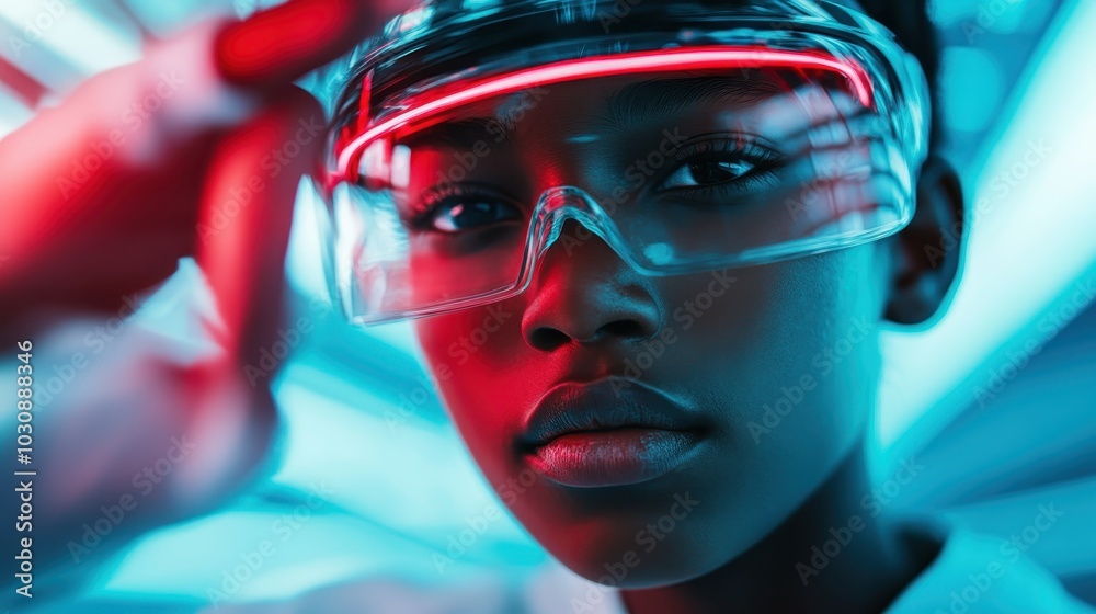 A woman wearing high-tech neon glasses in a futuristic setting; the lighting beautifully enhances her focused expression, capturing a moment of contemplation.