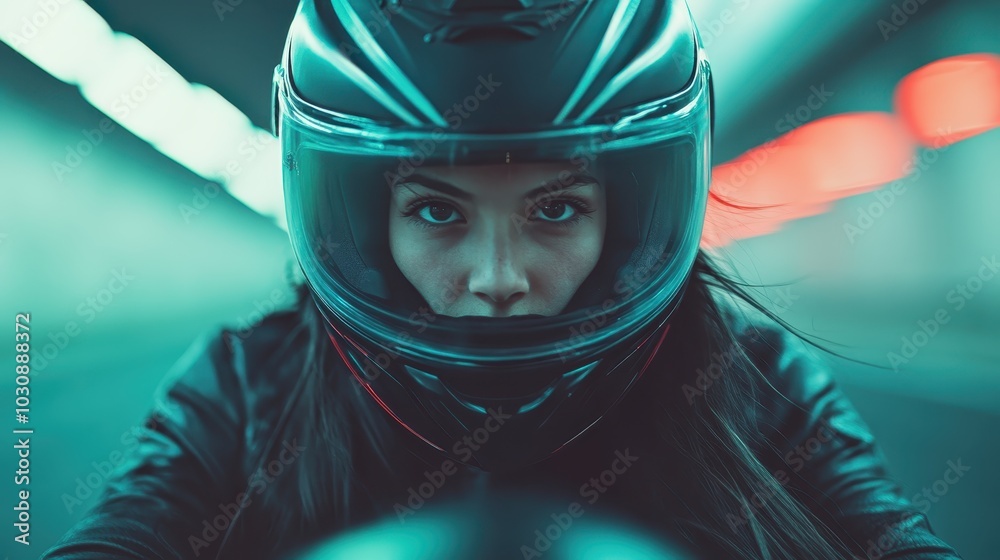 A focused woman in protective gear rides a motorbike in a dimly lit tunnel at night, embodying adventure, speed, and determination in a modern urban setting. A focused woman in protective gear rides a motorbike in a dimly lit tunnel at night, embodying adventure, speed, and determination in a modern urban setting.