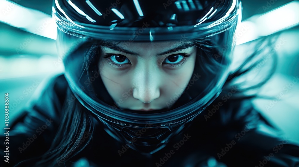 A motorcyclist with an intense gaze peers forward within a tunnel, wearing a helmet and embodying the essence of speed, focus, and the thrill of urban exploration. A motorcyclist with an intense gaze peers forward within a tunnel, wearing a helmet and embodying the essence of speed, focus, and the thrill of urban exploration.