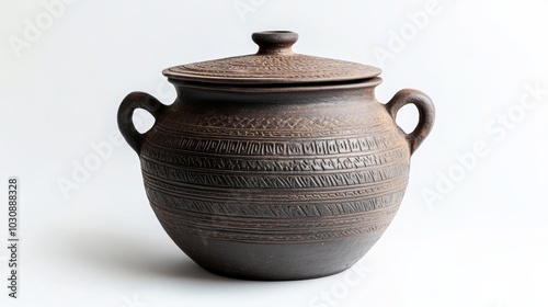 Black clay pot with a lid, featuring intricate carvings that hint at its ancient origins, stands on a white background