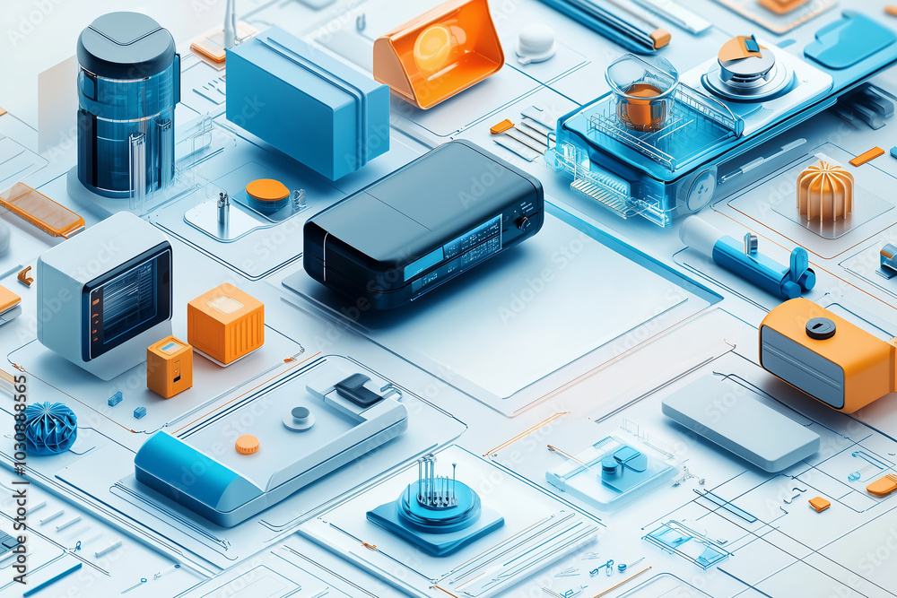 Aerial view of a modern digital workspace featuring sleek electronic devices and abstract design elements in a vibrant color palette Aerial view of a modern digital workspace featuring sleek electronic devices and abstract design elements in a vibrant color palette