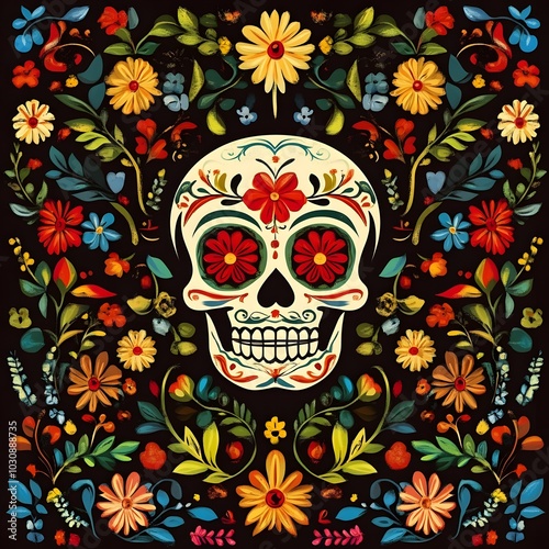 vibrant skull floral pattern day of the dead background,generative ai